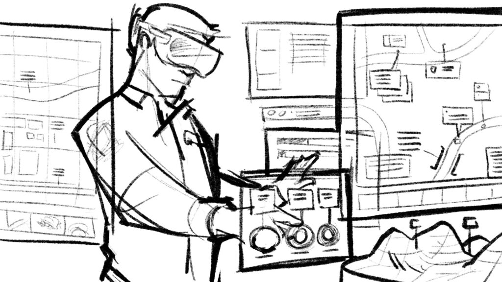 A sketch of a man using a VR headset